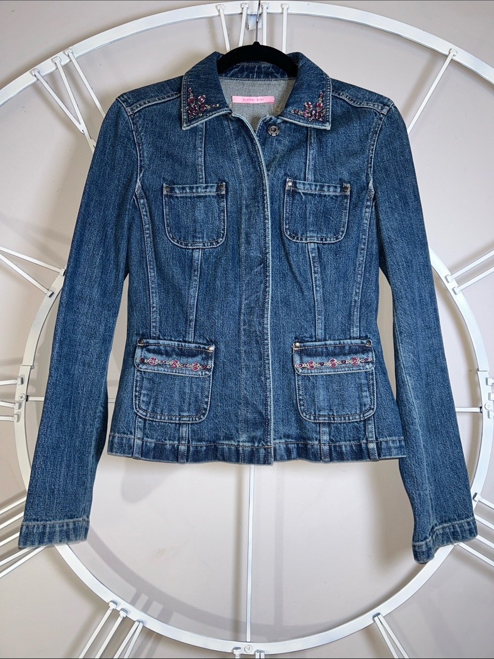Vintage Y2K Gianni Bini Denim Jacket w/ Pink Rhinestone Bejeweled Embellishment